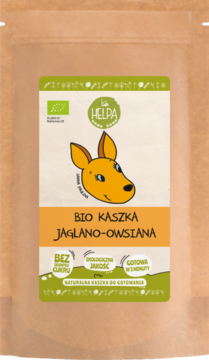 Helpa BIO kaszka jaglano-owsiana bez cukru w beżowej torebce z zielono-pomarańczową etykietą, przód.