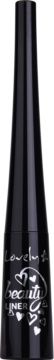 Czarne, stożkowe opakowanie długotrwałego eyelinera Lovely Beauty Liner z białymi napisami, sercami, widok z przodu.