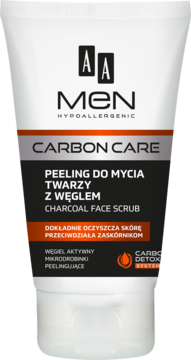 AA MEN Carbon Care Peeling do twarzy z węglem w białej tubce, czarno-pomarańczowa etykieta, widok z przodu.