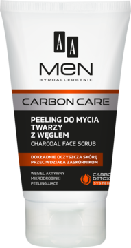 AA MEN Carbon Care Peeling do twarzy z węglem w białej tubce, czarno-pomarańczowa etykieta, widok z przodu.
