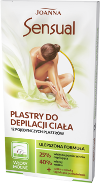 Białe opakowanie Joanna Sensual plastrów do depilacji ciała dla włosów mocnych, z ilustracją kobiety, widok z przodu.