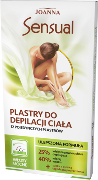 Białe opakowanie Joanna Sensual plastrów do depilacji ciała dla włosów mocnych, z ilustracją kobiety, widok z przodu.