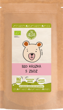 Helpa BIO kaszka 5 zbóż w brązowym woreczku, z misiem na etykiecie, bez dodatku cukru.