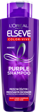 Fioletowy szampon L'Oréal Elseve Color-Vive Purple do włosów blond i siwych, neutralizujący żółte tony, widok z przodu.
