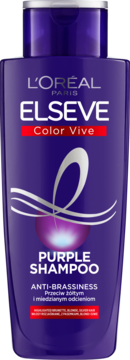 L'Oréal Elseve Color-Vive Purple Shampoo w fioletowej butelce, widok z przodu. Szampon przeciw żółtym odcieniom.