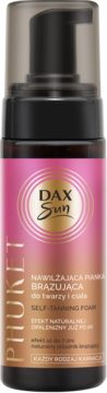 Dax Sun Phuket nawilżająca pianka brązująca, czarna butelka z pompką, różowo-złotą etykietą, widok z przodu.