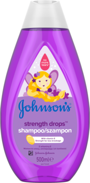 Fioletowy szampon Johnson's Strength Drops 500ml z białą pompką, dla dzieci, z wizerunkiem wróżki, widok z przodu.