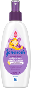 Johnson's Strength Drops Odżywka w sprayu z witaminą E, biała butelka z fioletowym atomizerem, front.