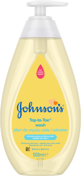 Żółta butelka Johnson's Top-to-Toe płynu do mycia ciała i włosów 500ml z białą pompką, widok z przodu.