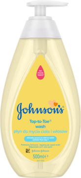 Żółta butelka Johnson's Top-to-Toe płynu do mycia ciała i włosów 500ml z białą pompką, widok z przodu.