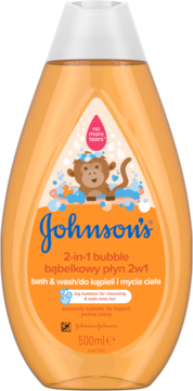 Johnson's 2-in-1 bąbelkowy płyn w pomarańczowej butelce z grafiką małpki w pianie, widok z przodu.