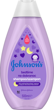 Fioletowy szampon Johnson's Bedtime 500ml, widok z przodu. Butelka z księżycem, gwiazdami i logo 'no more tears'.