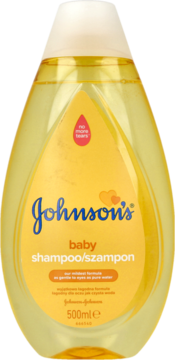 Johnson's Baby Szampon 500ml, żółta butelka "no more tears" z białą nakrętką, widok z przodu.