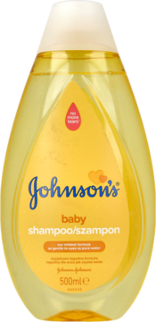 Johnson's Baby Szampon 500ml, żółta butelka "no more tears" z białą nakrętką, widok z przodu.