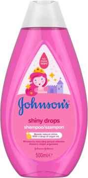 Różowy szampon Johnson's Shiny Drops 500ml z olejkiem arganowym, dla połysku, widok z przodu, grafika księżniczki.
