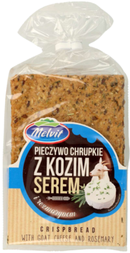 MELVIT ,pieczywo chrupkie, żytnie, z kozim serem i rozmarynem,przód