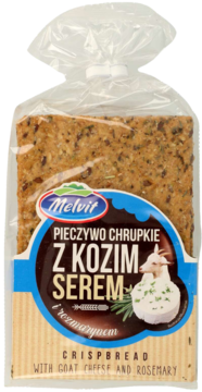 Melvit pieczywo chrupkie żytnie z kozim serem i rozmarynem, przezroczyste opakowanie, niebieska etykieta.