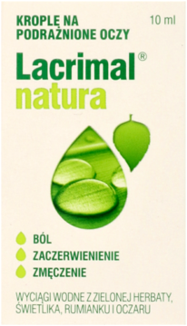 Białe pudełko Lacrimal natura krople na podrażnione oczy 10ml, z zieloną kroplą i tekstem, widok przód.