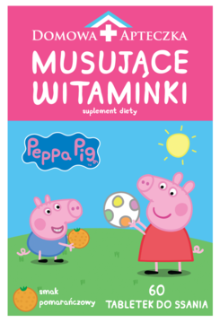 Musujące Witaminki Peppa Pig bez cukru, smak pomarańczowy, w różowo-niebieskim opakowaniu z postaciami.