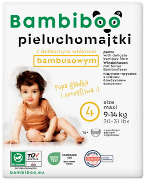 Bambiboo pieluchomajtki bambusowe, rozmiar 4 (9-14 kg), białe opakowanie z uśmiechniętym dzieckiem.