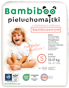 Bambiboo pieluchomajtki, rozmiar 5 Junior, z włóknem bambusowym, opakowanie z uśmiechniętym dzieckiem.