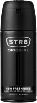 STR8 Original męski dezodorant w czarnym sprayu, matowa puszka, 48H ochrony przed zapachem, widok z przodu.