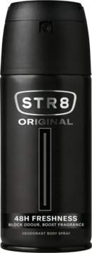 STR8 Original Dezodorant w sprayu, czarna butelka z srebrnym napisem i logo, 48H FRESHNESS, widok z przodu.