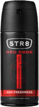 STR8 Red Code Deodorant Body Spray, czarna pionowa puszka z czerwonymi napisami i hasłem 48H FRESHNESS.