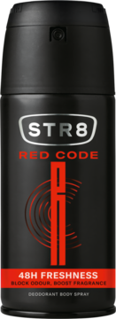 STR8 Red Code męski dezodorant, czarna puszka z czerwonym logo i literą H, 48H świeżości, widok z przodu.