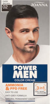 Joanna Power Men Dark Brown 02 Color Cream box, 3 in 1 for hair, beard, moustache, ammonia free.
