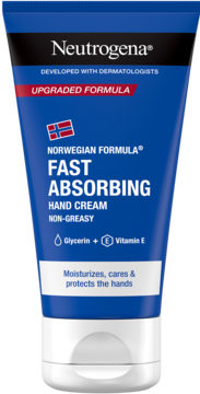 Neutrogena Fast Absorbing Hand Cream, blue tube with white cap, showing 'Upgraded Formula' and flag icon, front view.