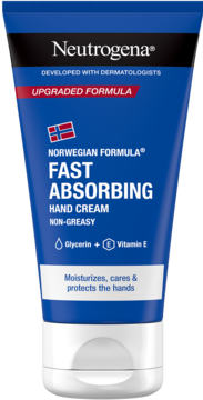Neutrogena Fast Absorbing Hand Cream, blue tube with white cap, showing 'Upgraded Formula' and flag icon, front view.