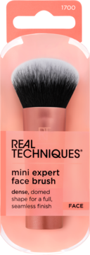 Real Techniques mini expert face brush w opakowaniu z numerem 1700, czarno-białe włosie, miedziany trzonek. Idealny do makijażu twarzy.
