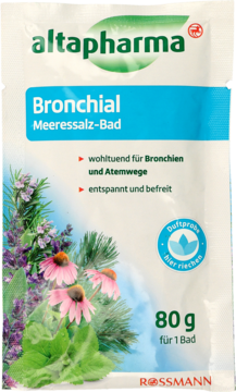 Altapharma Bronchial sól morska do kąpieli, biała saszetka 80g z ilustracjami ziół, wspiera oddech.