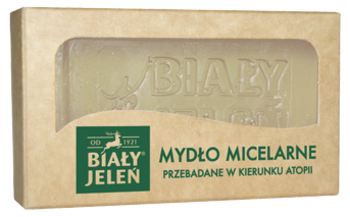 Biały Jeleń Micelarne Mydło w kostce, beżowe pudełko z okienkiem, do skóry atopowej, widok z przodu.