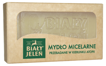 Biały Jeleń Micelarne Mydło w kostce, beżowe pudełko z okienkiem, do skóry atopowej, widok z przodu.