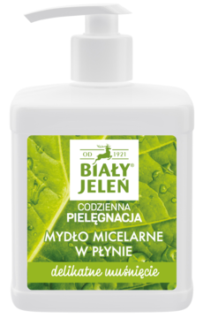 Biały Jeleń micelarne mydło w płynie do codziennej pielęgnacji, biała butelka z pompką i zieloną etykietą.
