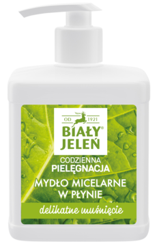Biały Jeleń micelarne mydło w płynie do codziennej pielęgnacji, biała butelka z pompką i zieloną etykietą.