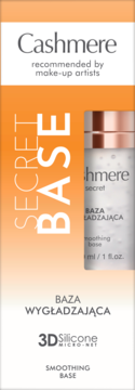 Cashmere Secret Smoothing Base, primer z 3D Silicone, w biało-pomarańczowym kartoniku, widok z przodu.