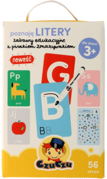 Białe pudełko Czuczu "Poznaję Litery" z kolorowymi kartami edukacyjnymi i pisakiem zmywakiem, dla dzieci 3+. Widok z przodu.