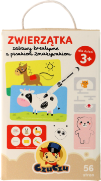 Białe pudełko Czuczu z napisem ZWIERZĄTKA, kreatywne zabawy z pisakiem zmazywakiem, ilustracje konia i krowy, widok z przodu.