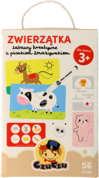 Białe pudełko Czuczu z napisem ZWIERZĄTKA, kreatywne zabawy z pisakiem zmazywakiem, ilustracje konia i krowy, widok z przodu.