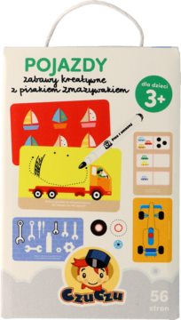 Białe opakowanie Czuczu Pojazdy, kreatywna książeczka z pisakiem zmazywakiem, kolorowe ilustracje pojazdów, 3+.