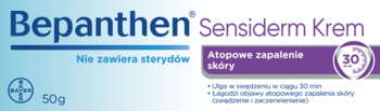 Krem Bepanthen Sensiderm w niebiesko-białym opakowaniu 50g. Fioletowy pasek z napisem "Atopowe zapalenie skóry" i logo 30 min.