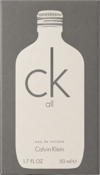 Opakowanie cytrusowej wody toaletowej CK All Calvin Klein 50ml unisex, ciemnoszare z grafiką flakonu.