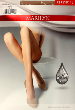 Opakowanie beżowych rajstop Marilyn Classic 15 DEN, półmatowych, z grafiką kobiecych nóg i ikoną kropli "Soft".