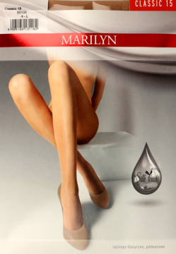 Beżowe rajstopy Marilyn Classic 15 DEN na opakowaniu, z widocznymi nogami modelki i logo Silk Touch, front.