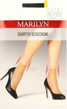 Marilyn Skarpetki bezuciskowe Light 15 den, transparentne stopki na nogach w szpilkach, widok opakowania.