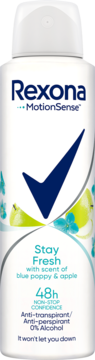 Biały antyperspirant Rexona Stay Fresh 48h, z niebieskim logo i wzorem jabłka i maku, widok z przodu.