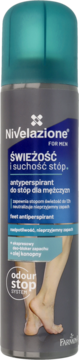 Nivelazione antyperspirant do stóp dla mężczyzn, szara puszka z niebieską etykietą i grafiką stóp, widok z przodu.